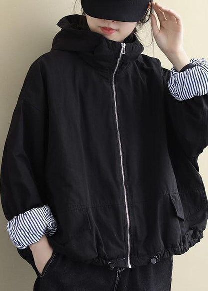 Black Hooded Zippered Winter Cotton Long Sleeve Coat Qs044