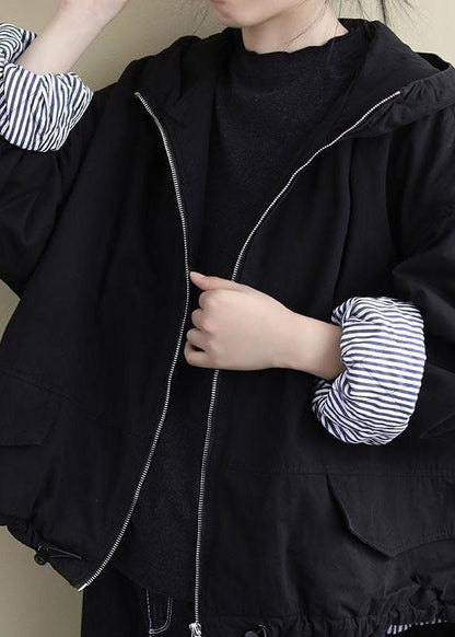 Black Hooded Zippered Winter Cotton Long Sleeve Coat Qs044
