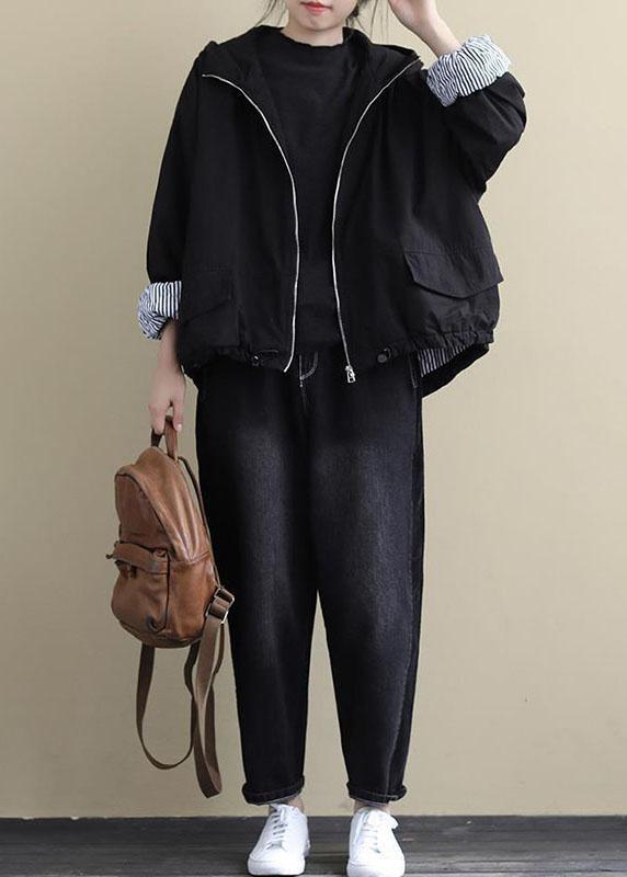 Black Hooded Zippered Winter Cotton Long Sleeve Coat Qs044