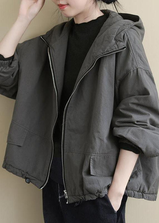 Grey Hooded Loose Drawstring Winter Cotton Coats Long Sleeve Qs045