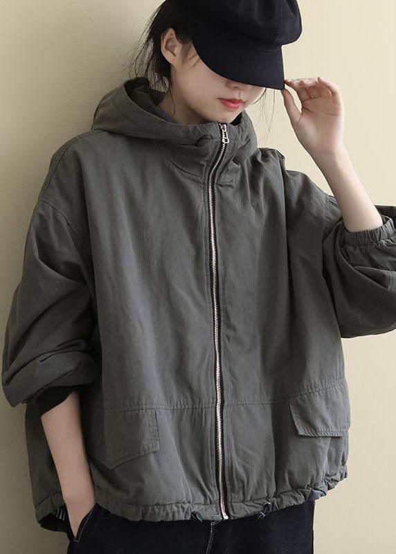 Grey Hooded Loose Drawstring Winter Cotton Coats Long Sleeve Qs045