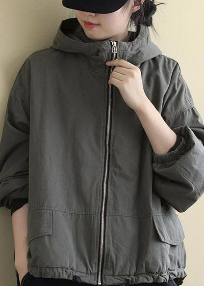 Grey Hooded Loose Drawstring Winter Cotton Coats Long Sleeve Qs045