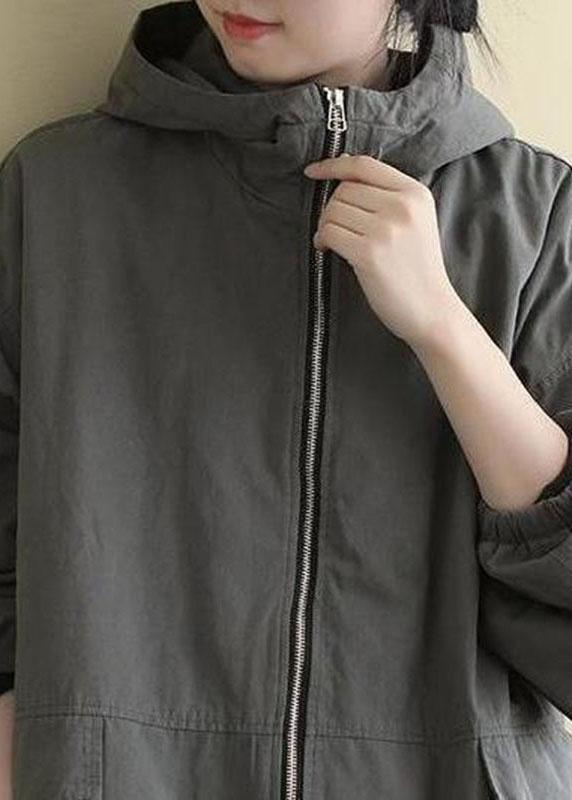 Grey Hooded Loose Drawstring Winter Cotton Coats Long Sleeve Qs045