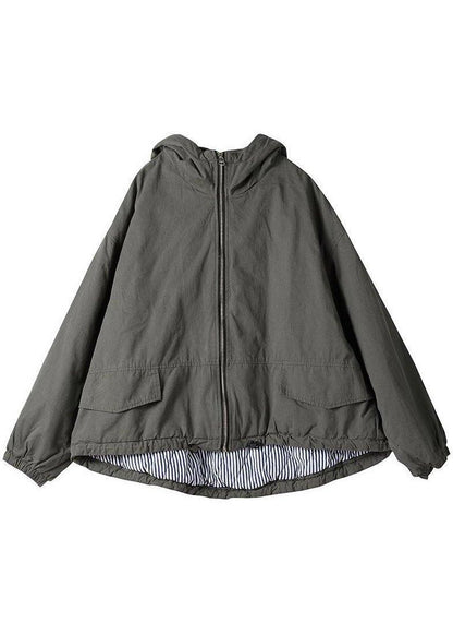 Grey Hooded Loose Drawstring Winter Cotton Coats Long Sleeve Qs045