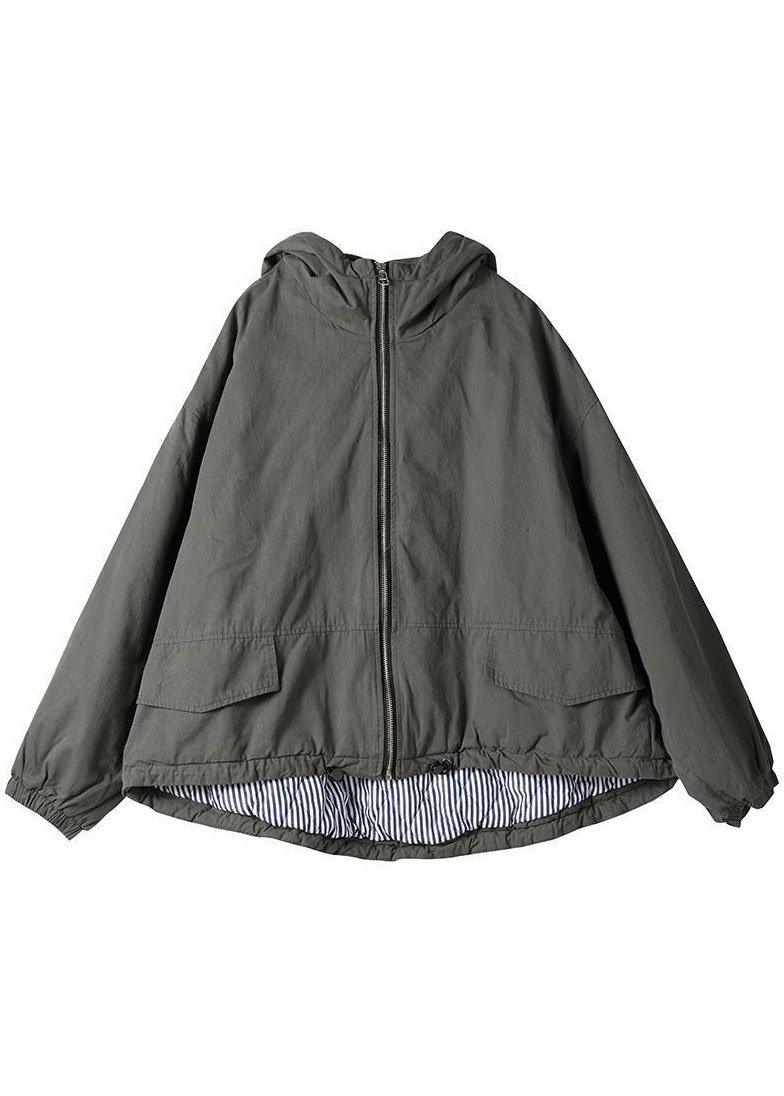 Grey Hooded Loose Drawstring Winter Cotton Coats Long Sleeve Qs045