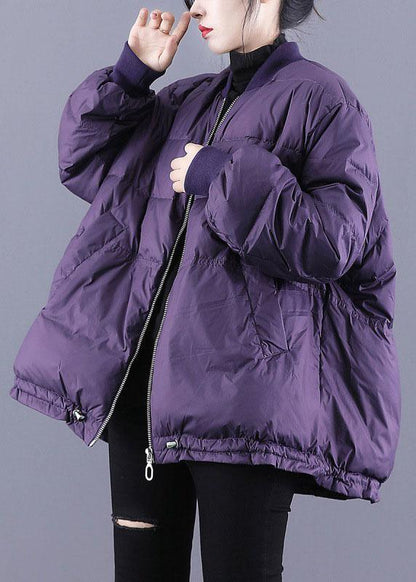 Purple Zippered Pockets Drawstring Winter Down Coats Long Sleeve Qs054