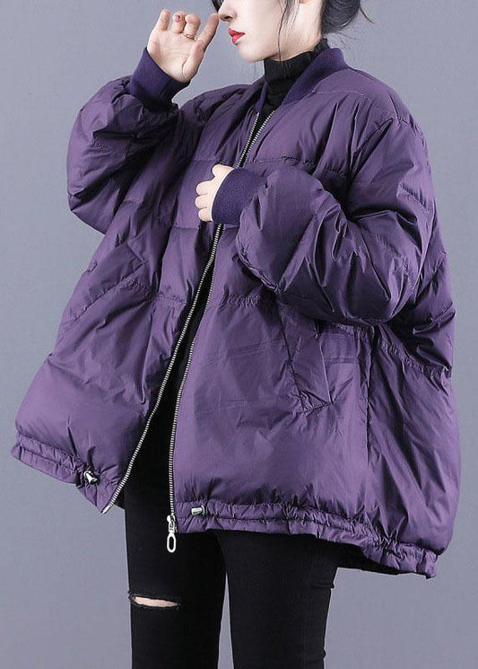Purple Zippered Pockets Drawstring Winter Down Coats Long Sleeve Qs054
