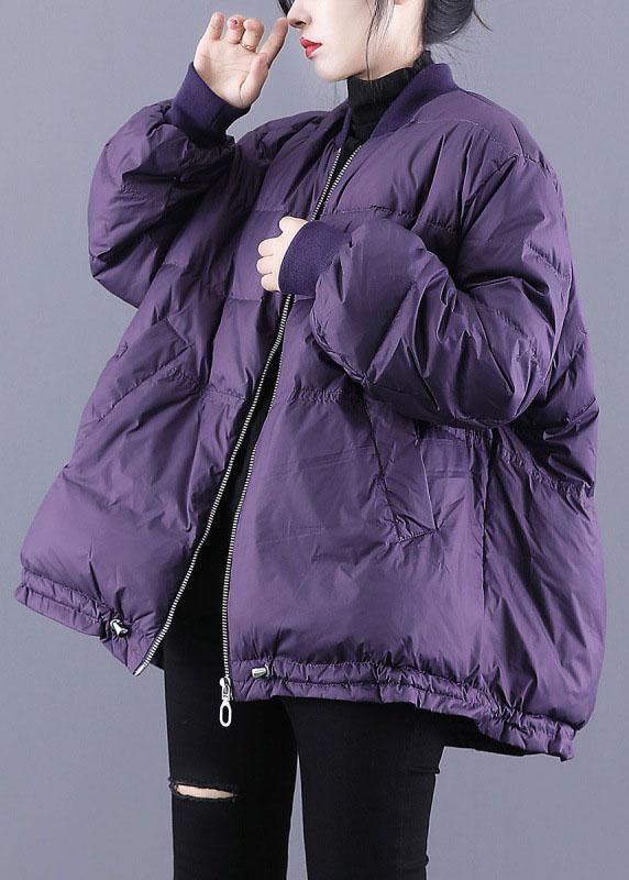 Purple Zippered Pockets Drawstring Winter Down Coats Long Sleeve Qs054