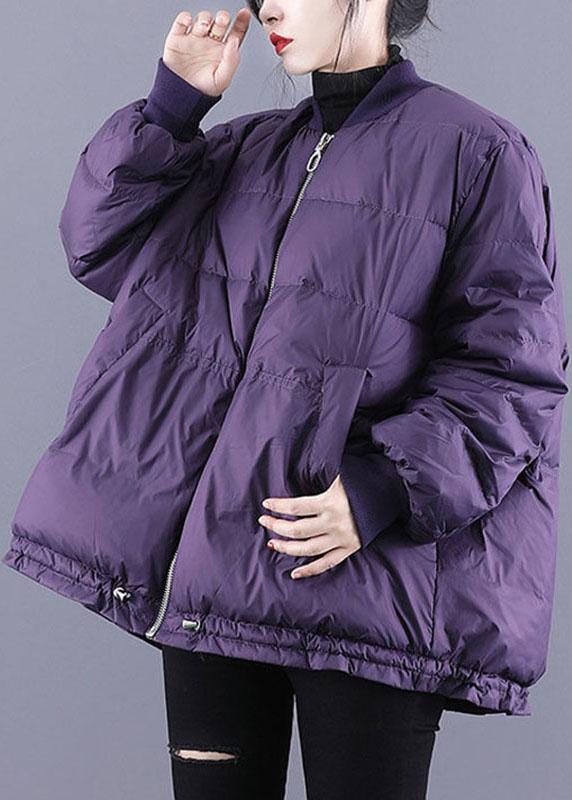 Purple Zippered Pockets Drawstring Winter Down Coats Long Sleeve Qs054