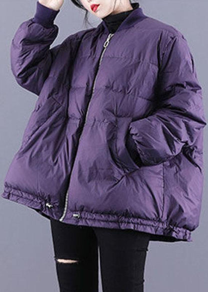 Purple Zippered Pockets Drawstring Winter Down Coats Long Sleeve Qs054
