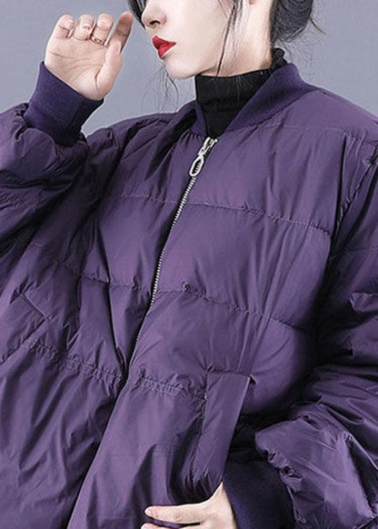 Purple Zippered Pockets Drawstring Winter Down Coats Long Sleeve Qs054