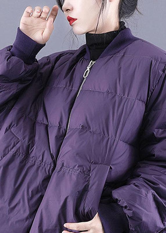 Purple Zippered Pockets Drawstring Winter Down Coats Long Sleeve Qs054