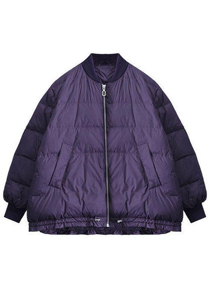 Purple Zippered Pockets Drawstring Winter Down Coats Long Sleeve Qs054