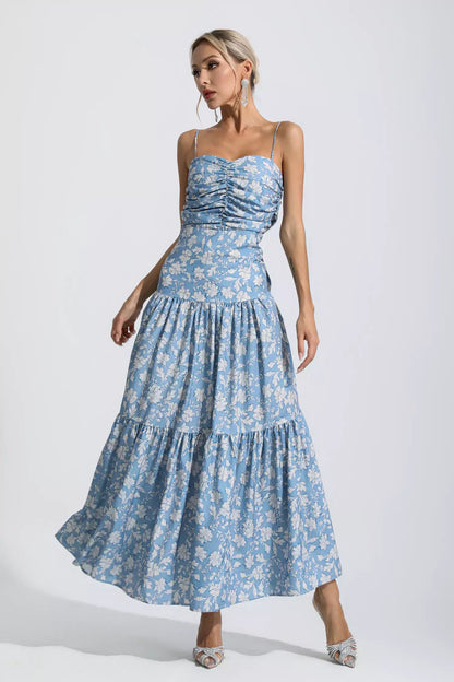 Lyra Blue Ruched Slip Maxi Dress