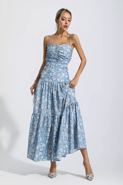 Lyra Blue Ruched Slip Maxi Dress