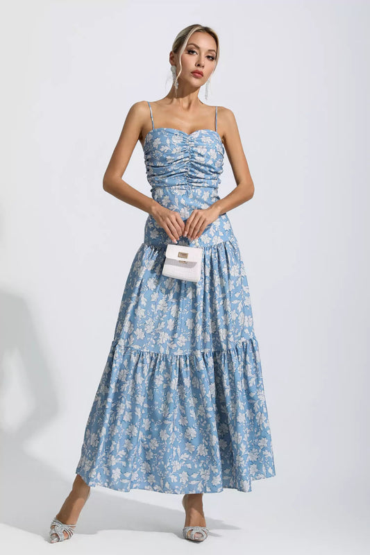 Lyra Blue Ruched Slip Maxi Dress