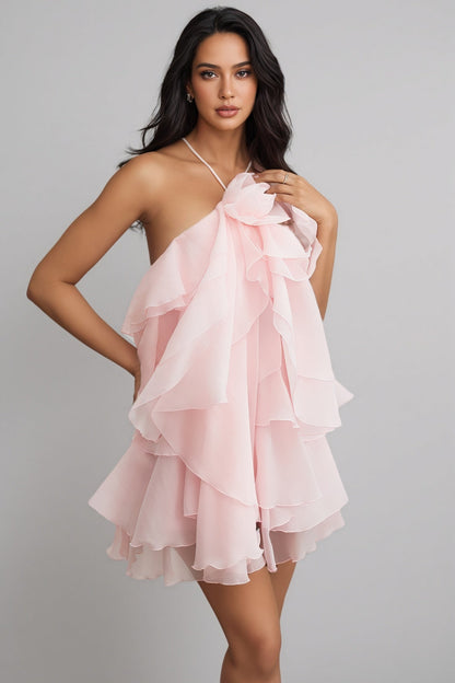Emier Pink 3d Flower Layered Mini Dress
