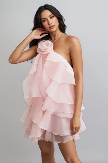 Emier Pink 3d Flower Layered Mini Dress