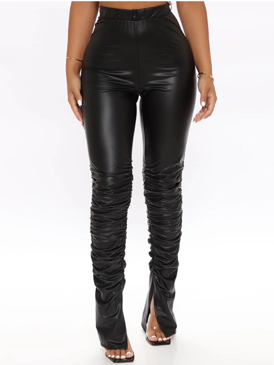 Faux Leather Mid Waist Ruched Pants Ar7041