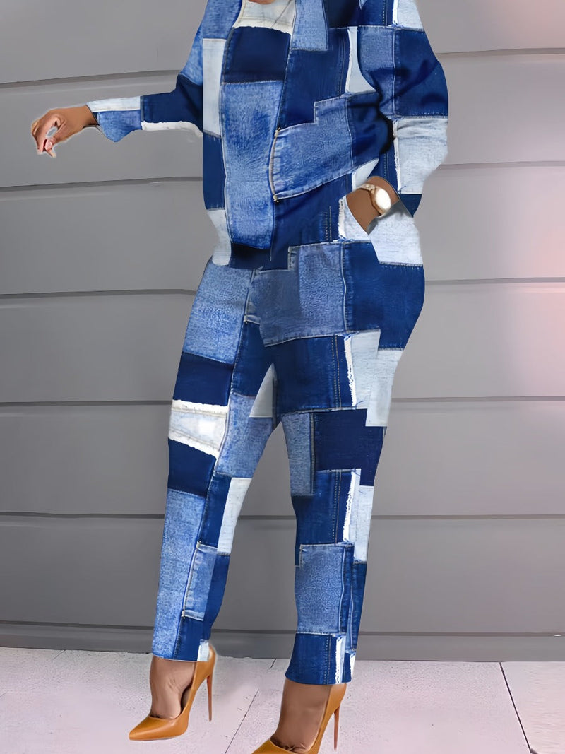 Imitation Denim Patchwork Pocket Design Pants Set Bo216