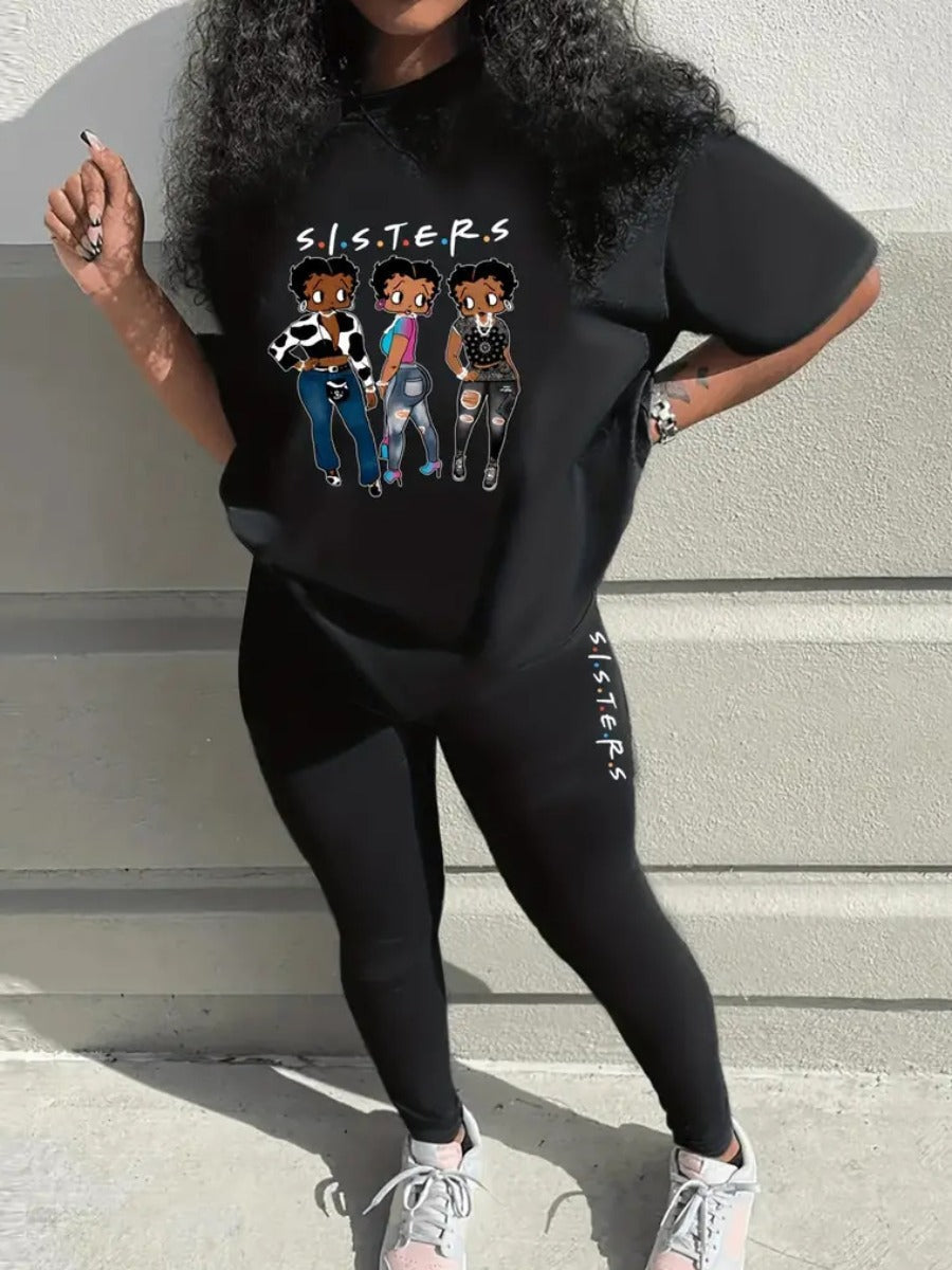 Pattern Print Cartoon Skinny Two-piece Pants Set Ac2043