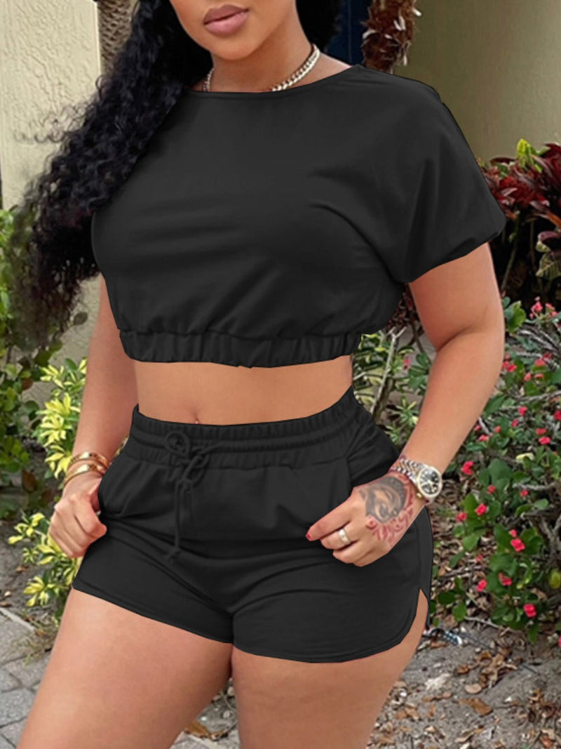 Crop Top Drawstring Shorts Set Ar507