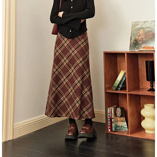 Retro Diamond Wool A-line Autumn Winter High Waist Skirt