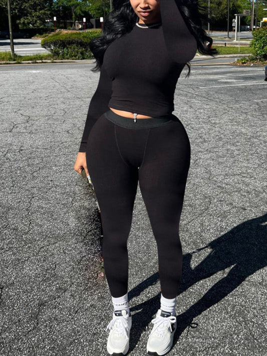 Round Neck Crop Top Skinny Pants Set Ar5013