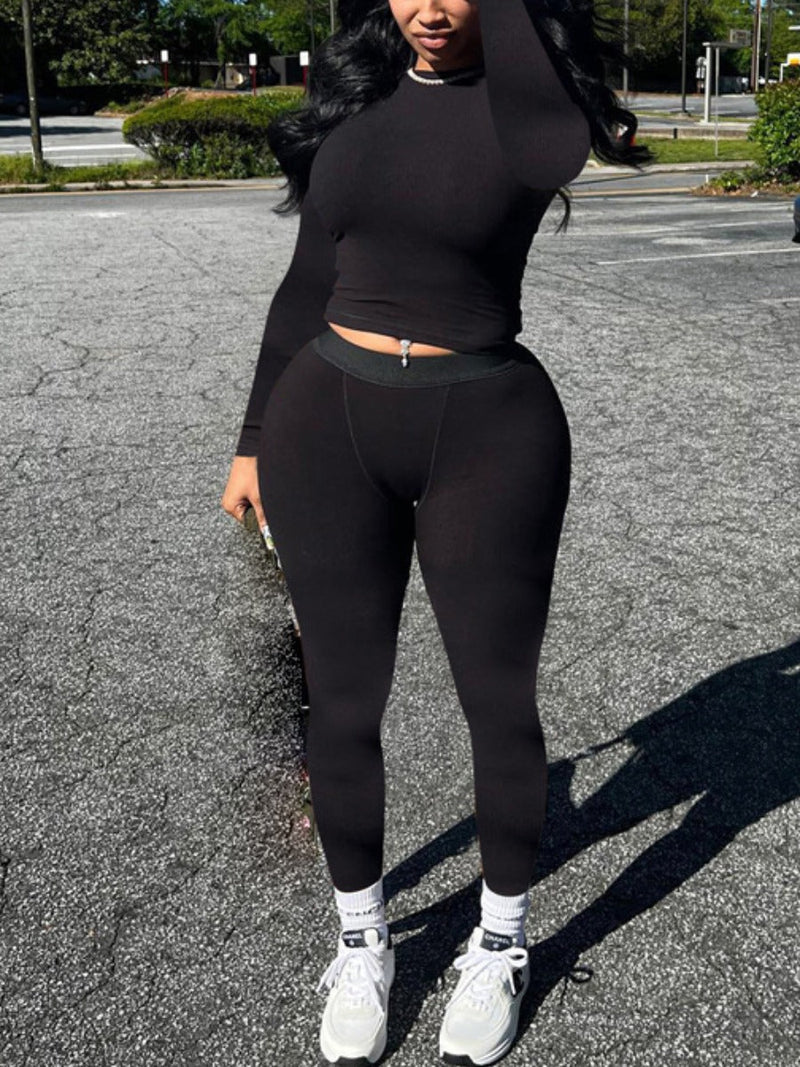 Round Neck Crop Top Skinny Pants Set Ar5013