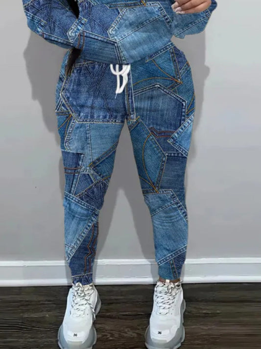 Imitation Denim High Waist Drawstring Loose Pants Bo5028