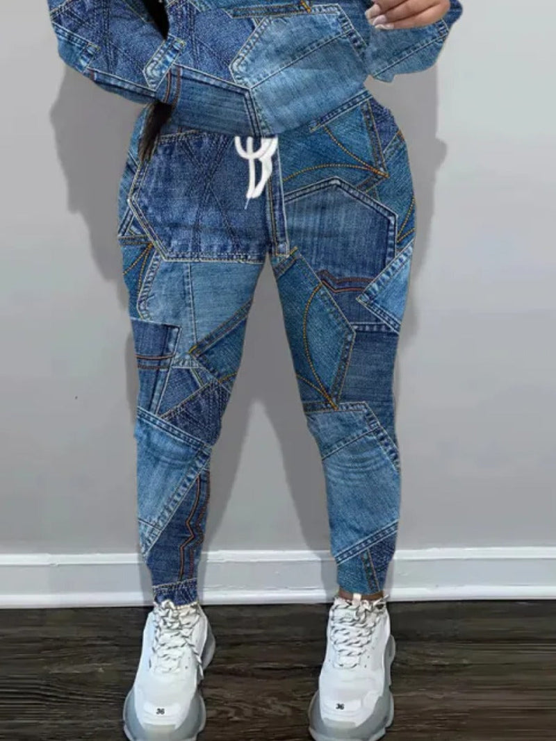 Imitation Denim High Waist Drawstring Loose Pants Bo5028