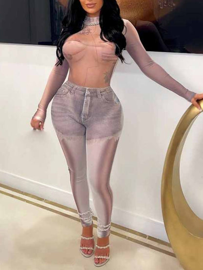 Sxy Imitation Denim See Through Skinny Jumpsuit Bo2153