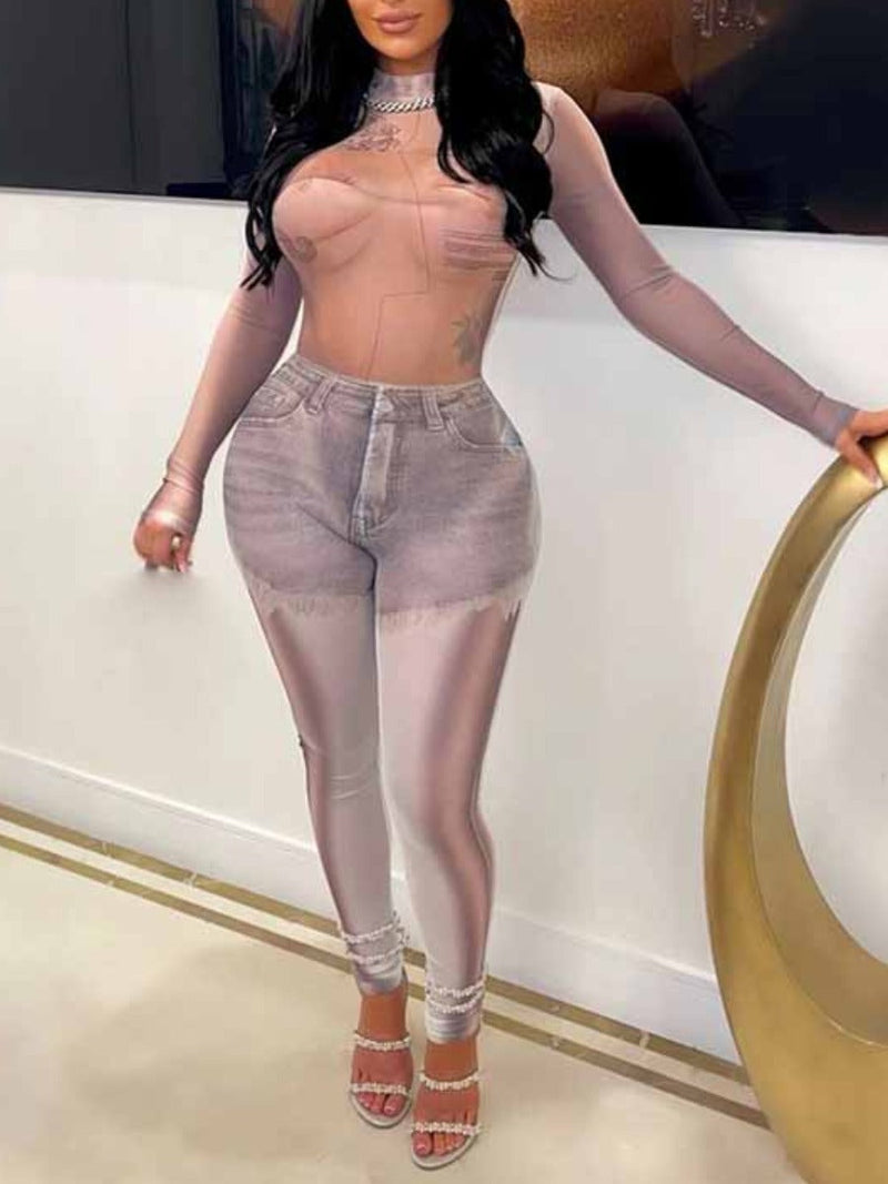 Sxy Imitation Denim See Through Skinny Jumpsuit Bo2153