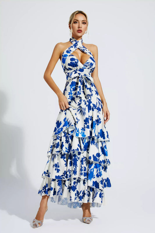 Mae Blue Lace-up Maxi Dress
