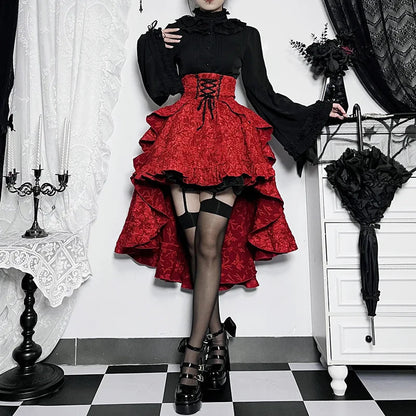 Mall Goth High Waist Swallowtail Steamvintage Lace Up Asymmetrical High Low Skirt