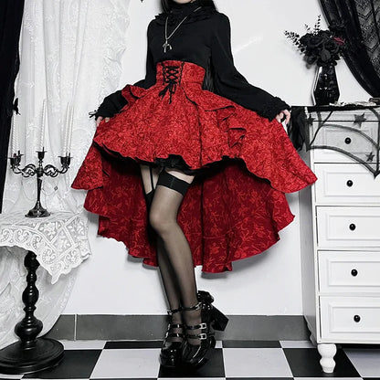 Mall Goth High Waist Swallowtail Steamvintage Lace Up Asymmetrical High Low Skirt