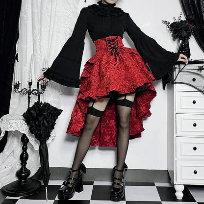Mall Goth High Waist Swallowtail Steamvintage Lace Up Asymmetrical High Low Skirt
