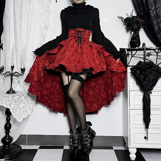 Mall Goth High Waist Swallowtail Steamvintage Lace Up Asymmetrical High Low Skirt
