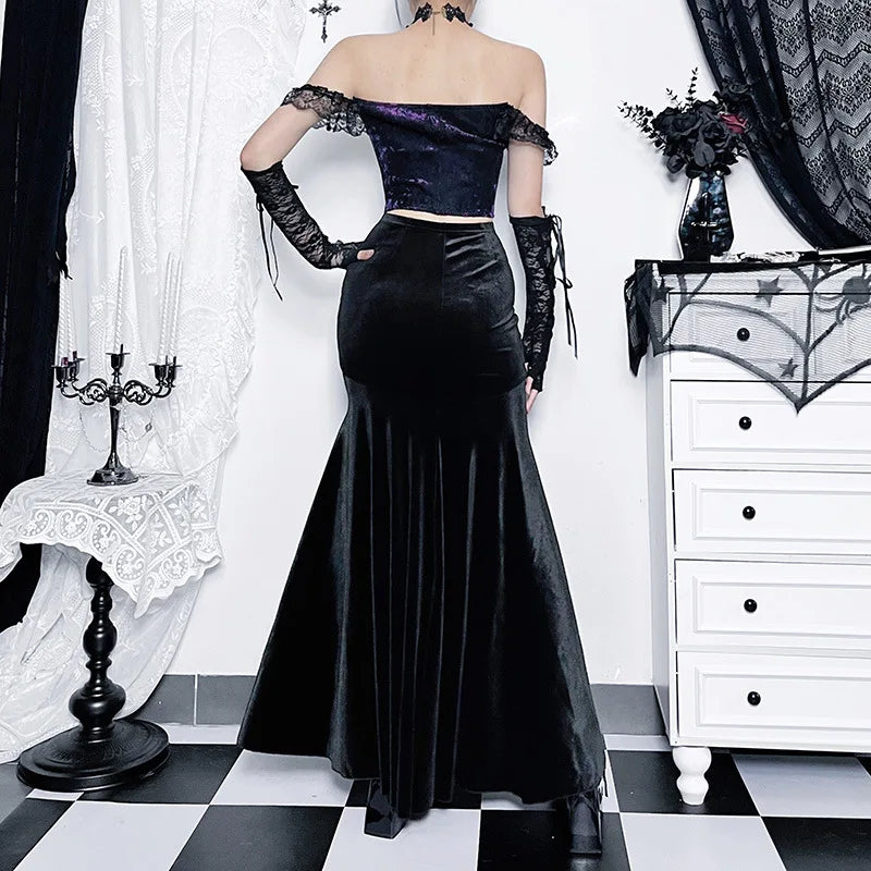 Mall Goth Velvet Fishtail Jacquard Hip Wrap Fairy Grunge Victorian Steamlong Skirt