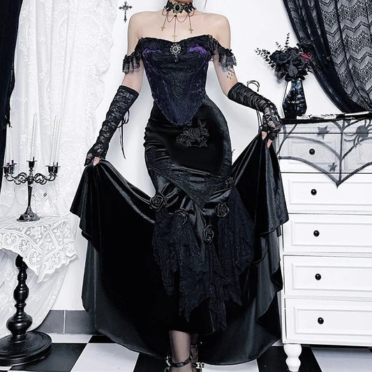 Mall Goth Velvet Fishtail Jacquard Hip Wrap Fairy Grunge Victorian Steamlong Skirt