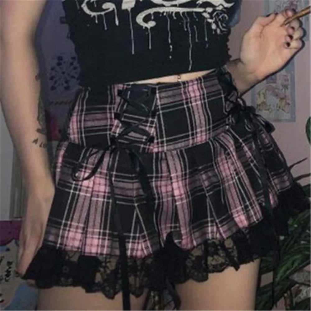 Mall Gothic Grunge Summer Mini Y2k Lace Harajuku High Waist Bandage Skirt