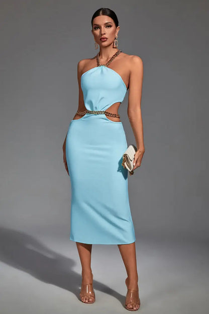 Margaret Blue Cutout Halterneck Midi Dress