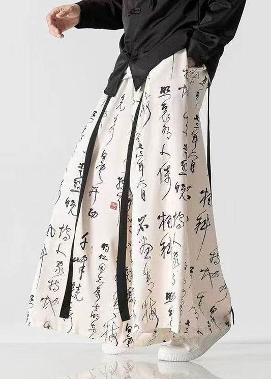 Chinese Style Beige Ancient Text Printed Loose Wide Leg Pants Sa039