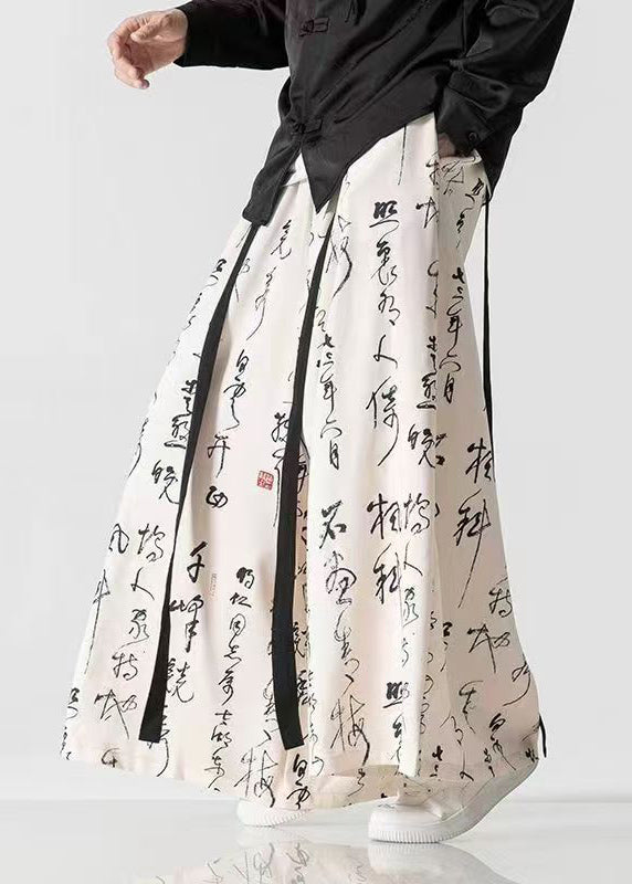 Chinese Style Beige Ancient Text Printed Loose Wide Leg Pants Sa039