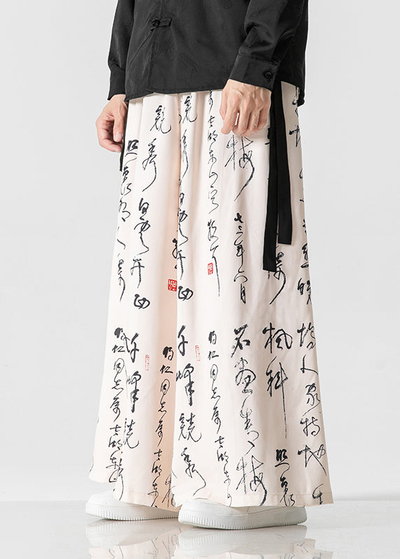 Chinese Style Beige Ancient Text Printed Loose Wide Leg Pants Sa039