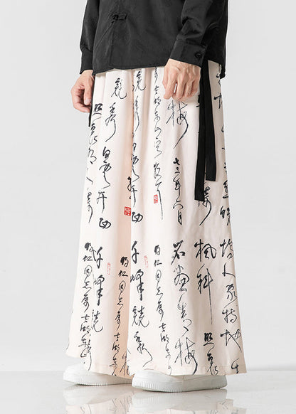Chinese Style Beige Ancient Text Printed Loose Wide Leg Pants Sa039