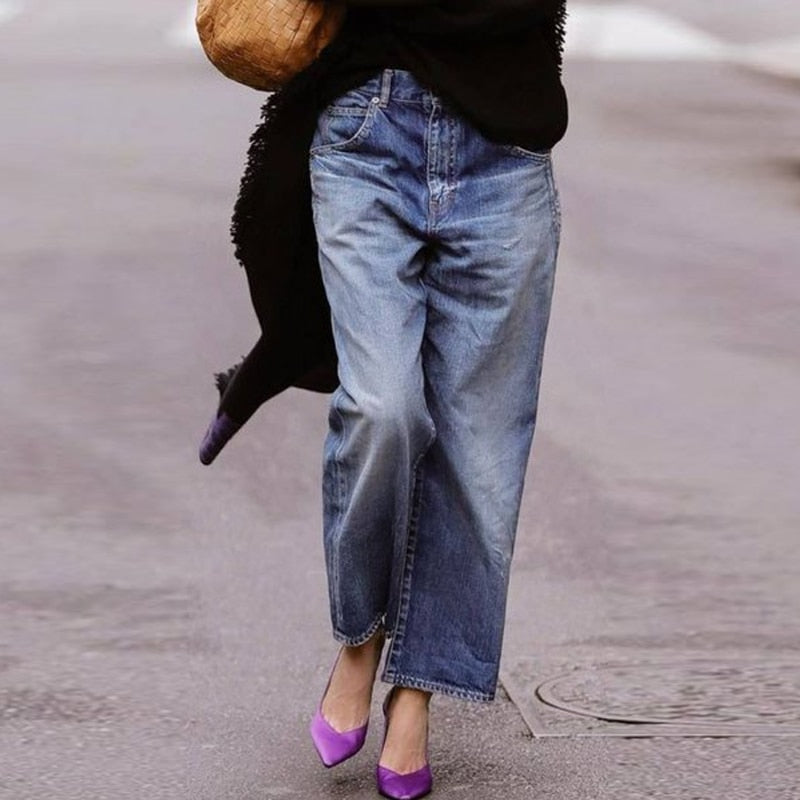 Mid-waist Jeans Retro Denim Wide-leg Pants Loose Street Trousers Washed Mother's Pants