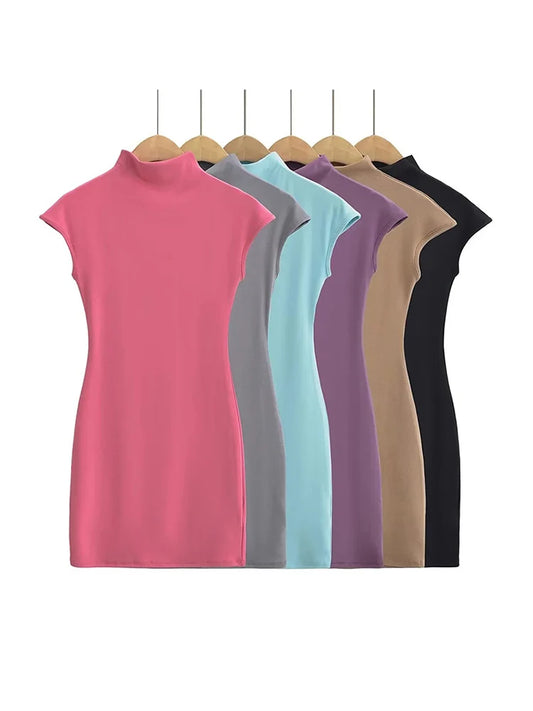 Mini Dresses for Summer Knitted Dress Clothes Black Dresses Short Sleeve Turtleneck Pink Dress Bodycon