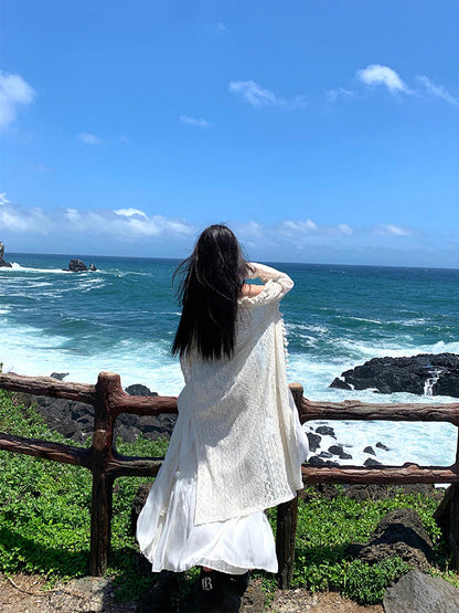 Minimalist White Spaghetti Strap Maxi Dress Island Getaway Look