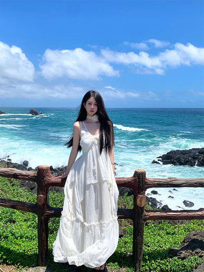 Minimalist White Spaghetti Strap Maxi Dress Island Getaway Look